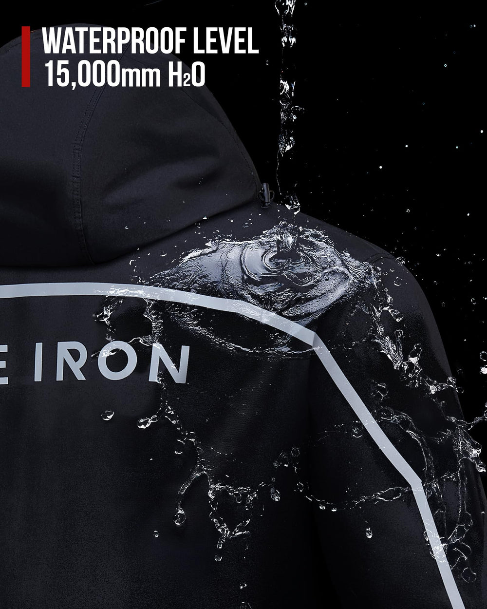 RIDEIRON detachable hood and collar detail offering adjustable protection against rain