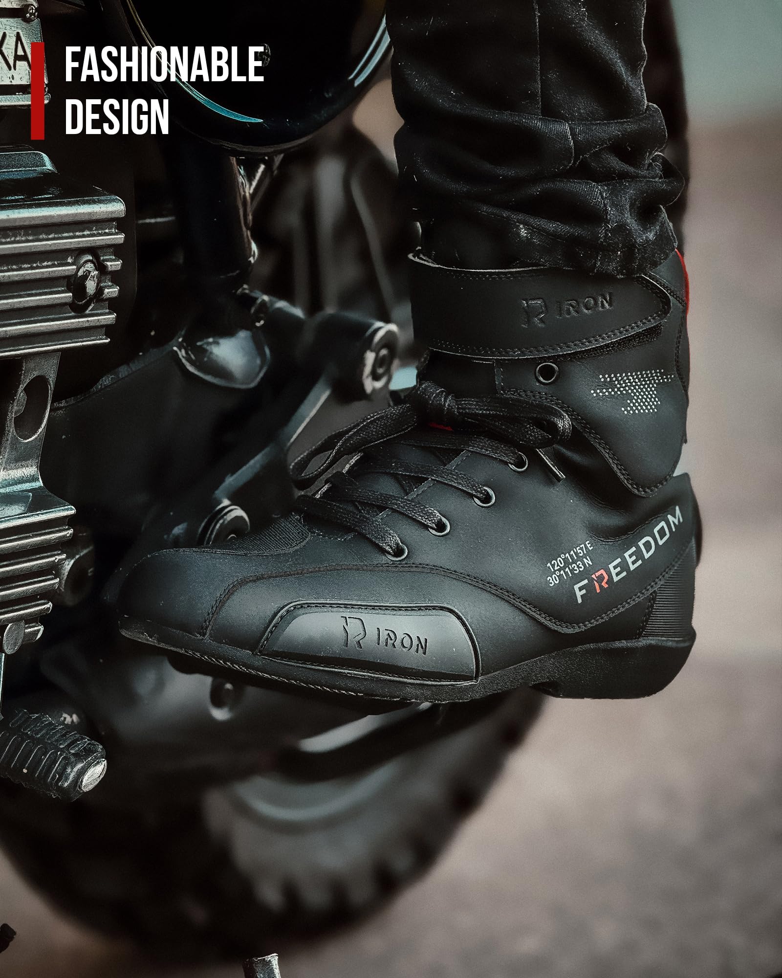 RIDEIRON boot worn on motorcycle footpeg showing real-world use