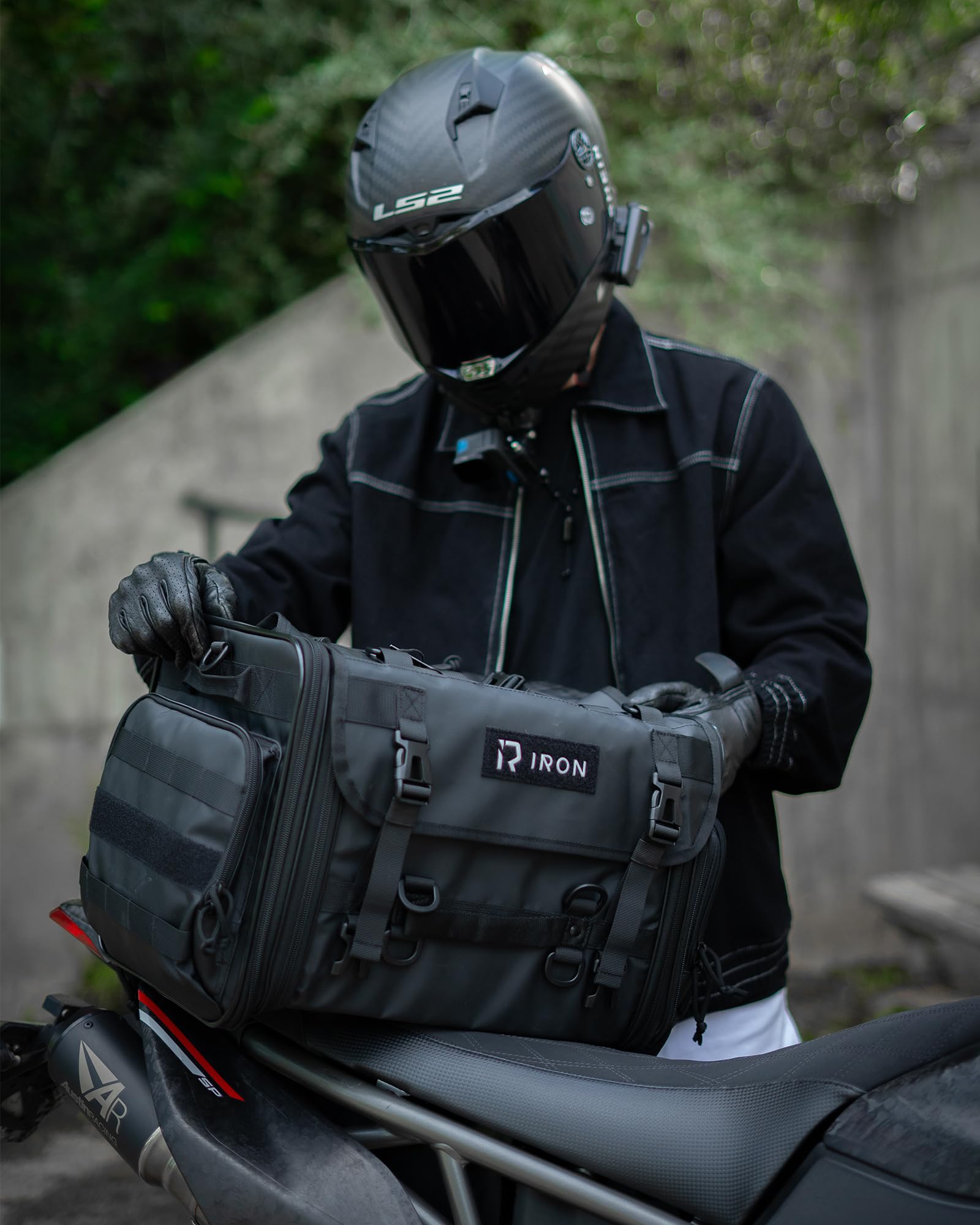 RIDEIRON tail bag expanded to full capacity for extra luggage space