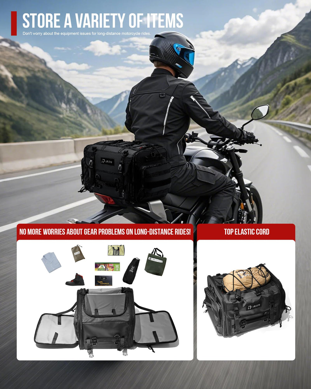 RIDEIRON tail bag with rain cover deployed protecting contents from wet weather