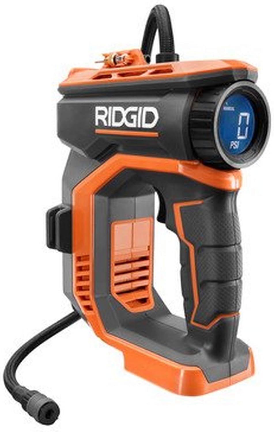 RIDGID inflator front view showing compact orange body and controls for portability