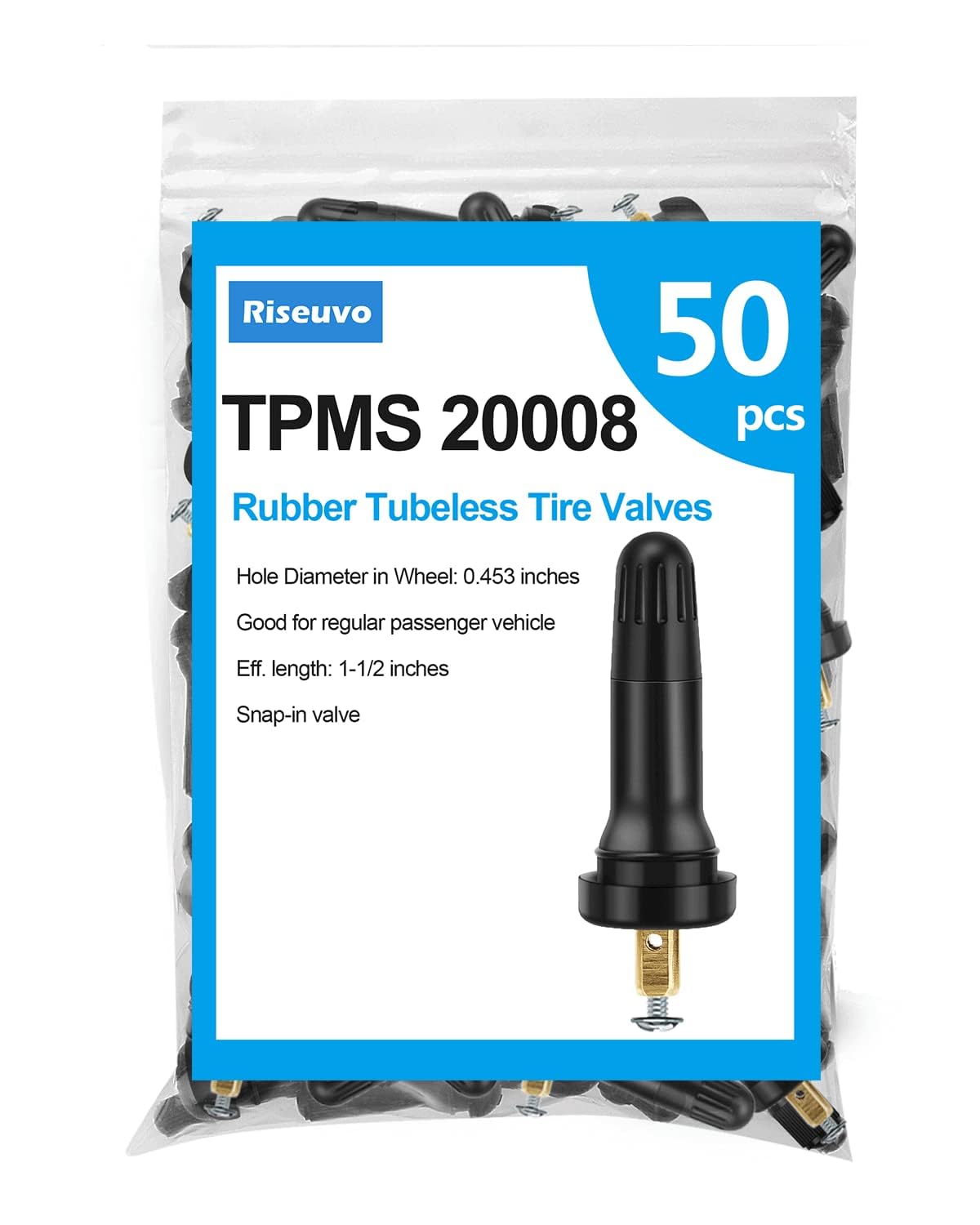 Riseuvo front packaging showing 50 TPMS 20008 stems benefits durability