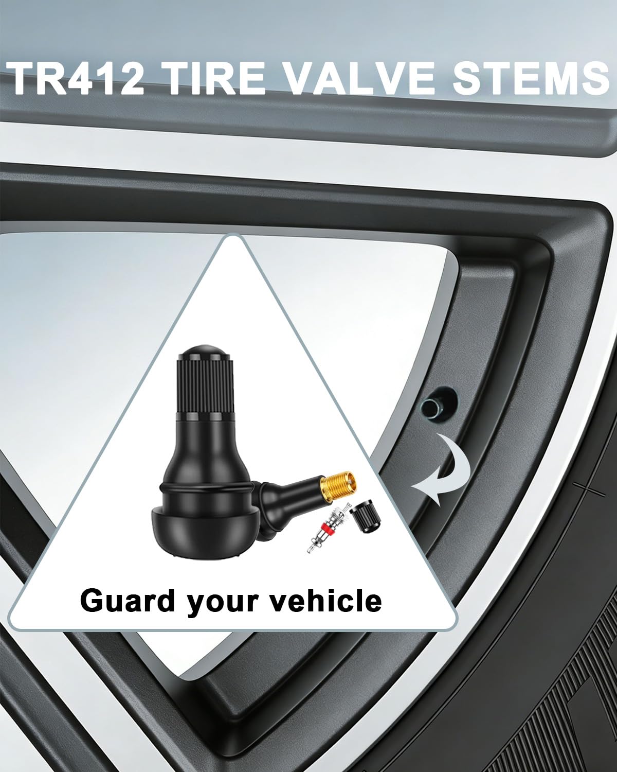 Riseuvo valve stem fitted on car tire emphasizing leak-tested reliable pressure retention