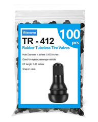 Riseuvo front packaging of 100 TR412 valve stems showing quantity and brand benefit