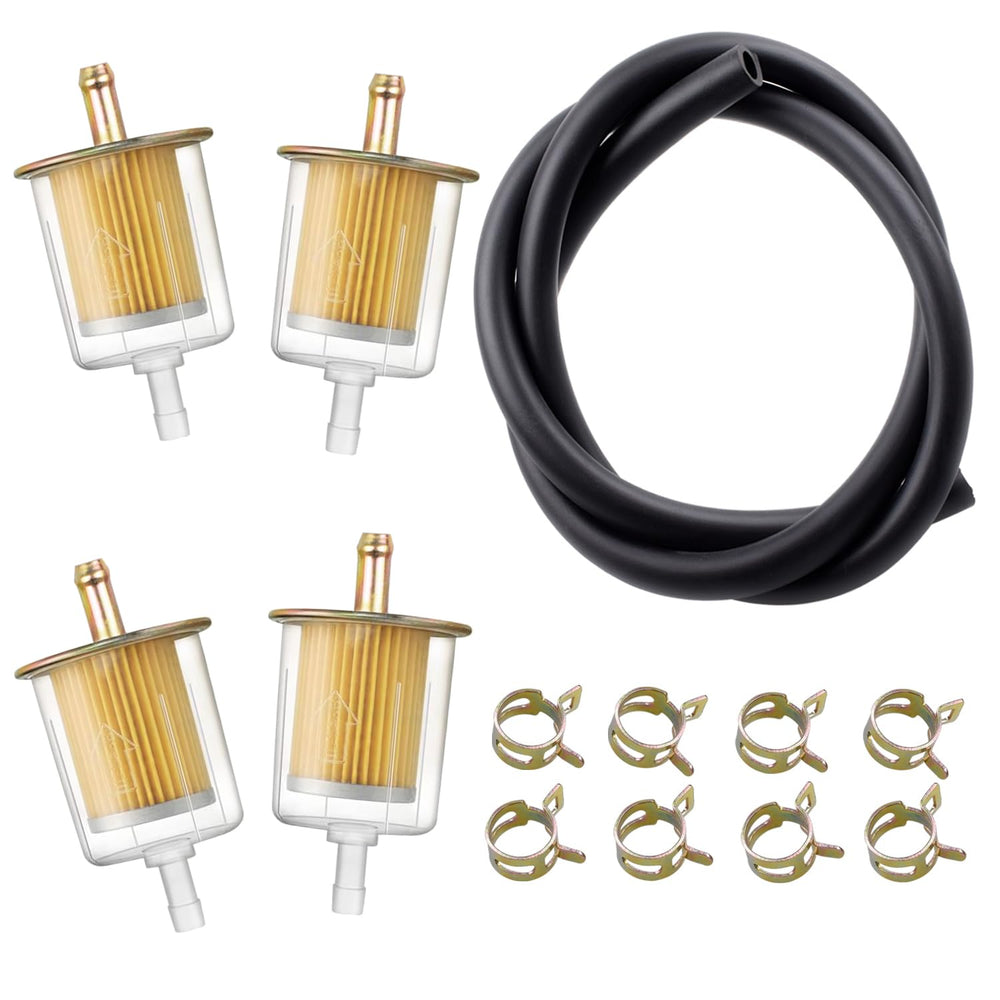 Riyitauto inline fuel filter front view showing clear shell and orange element for quick inspection