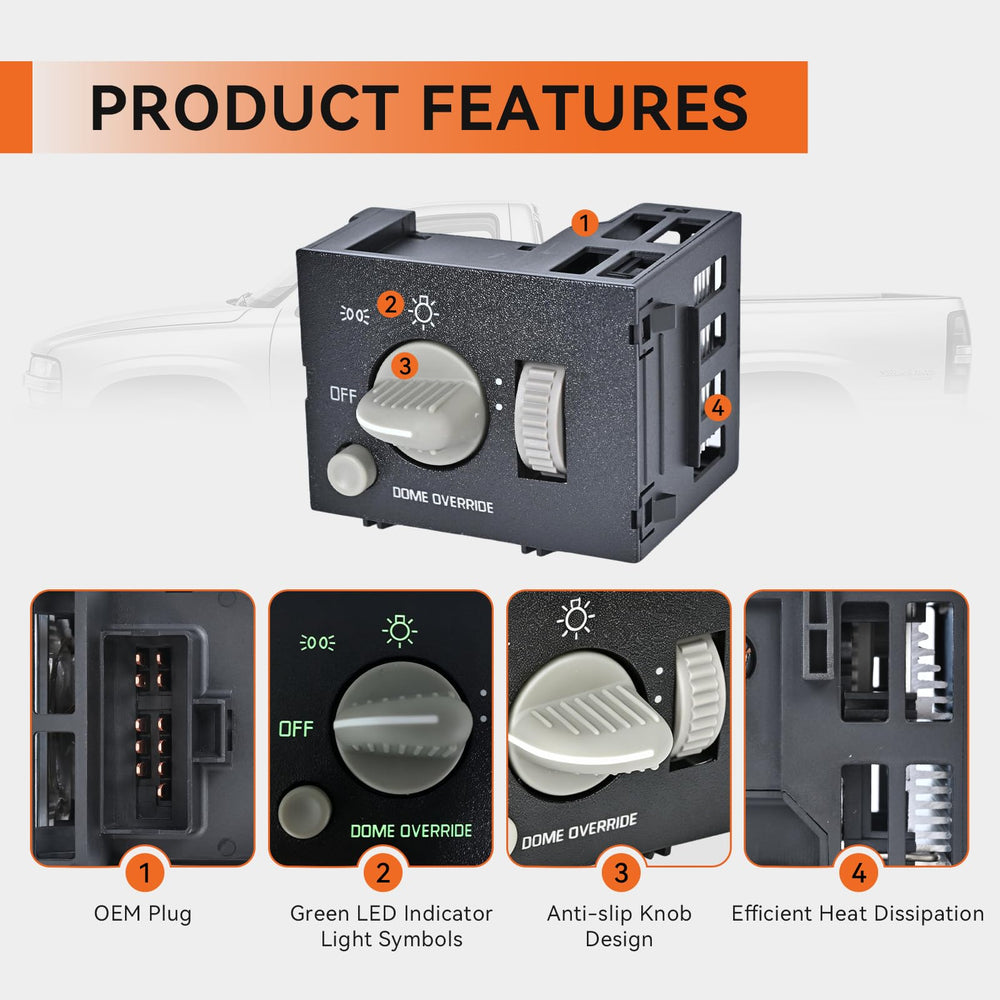 RLP headlight switch knob close-up highlighting textured grip and precise control for drivers