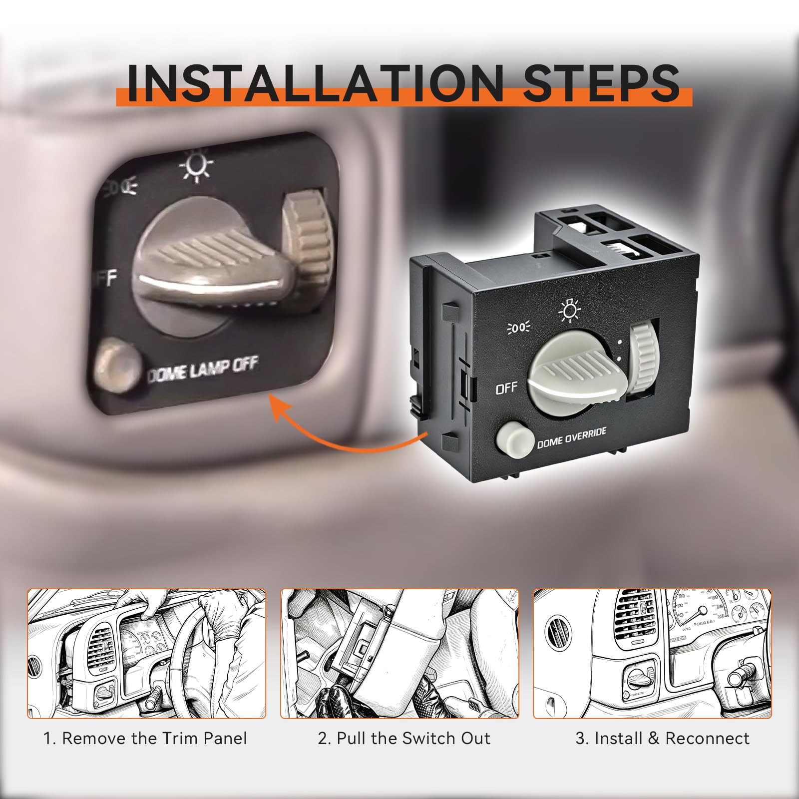 RLP headlight switch next to ruler for scale illustrating compact, direct-fit dimensions