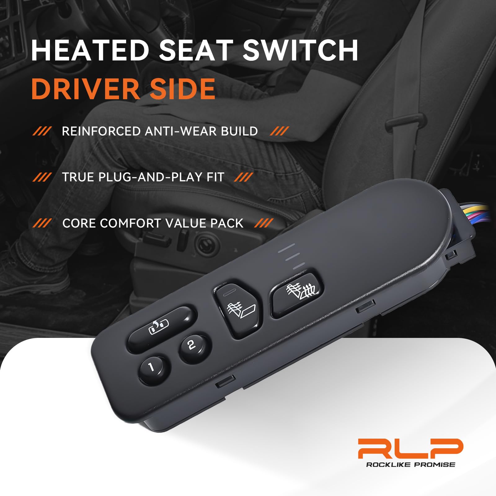 RLP heated seat switch plastic texture close-up showing durable ABS and PP materials