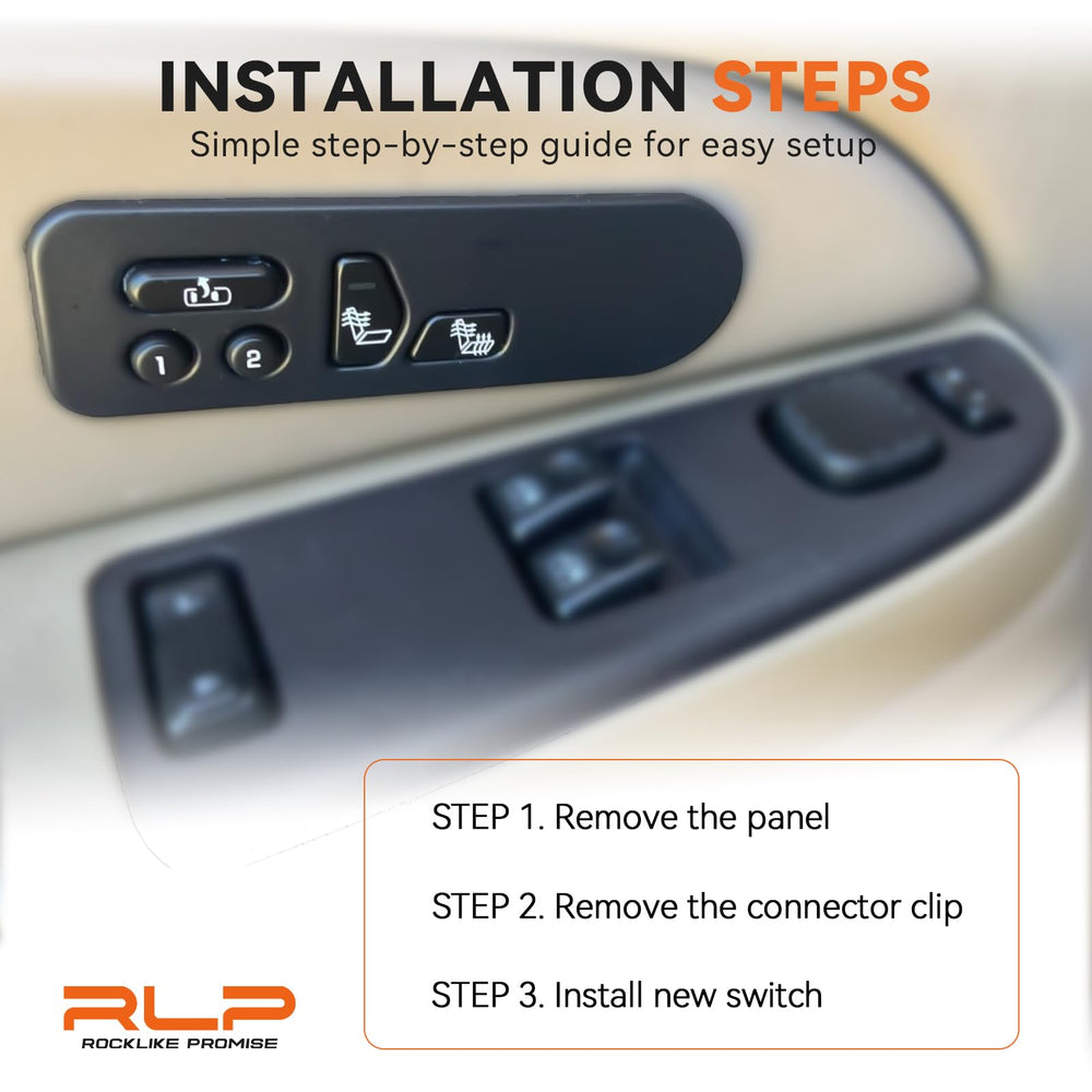RLP heated seat switch boxed with warranty card showing included 12-month coverage