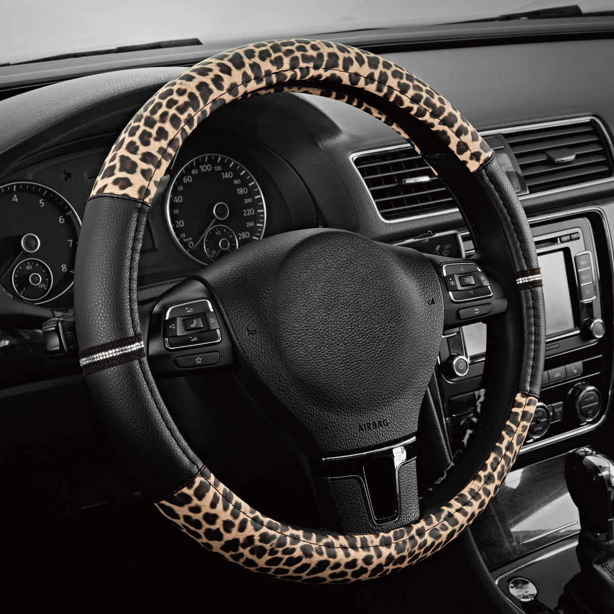 Road Comforts front view showing leopard cover on steering wheel for stylish protection