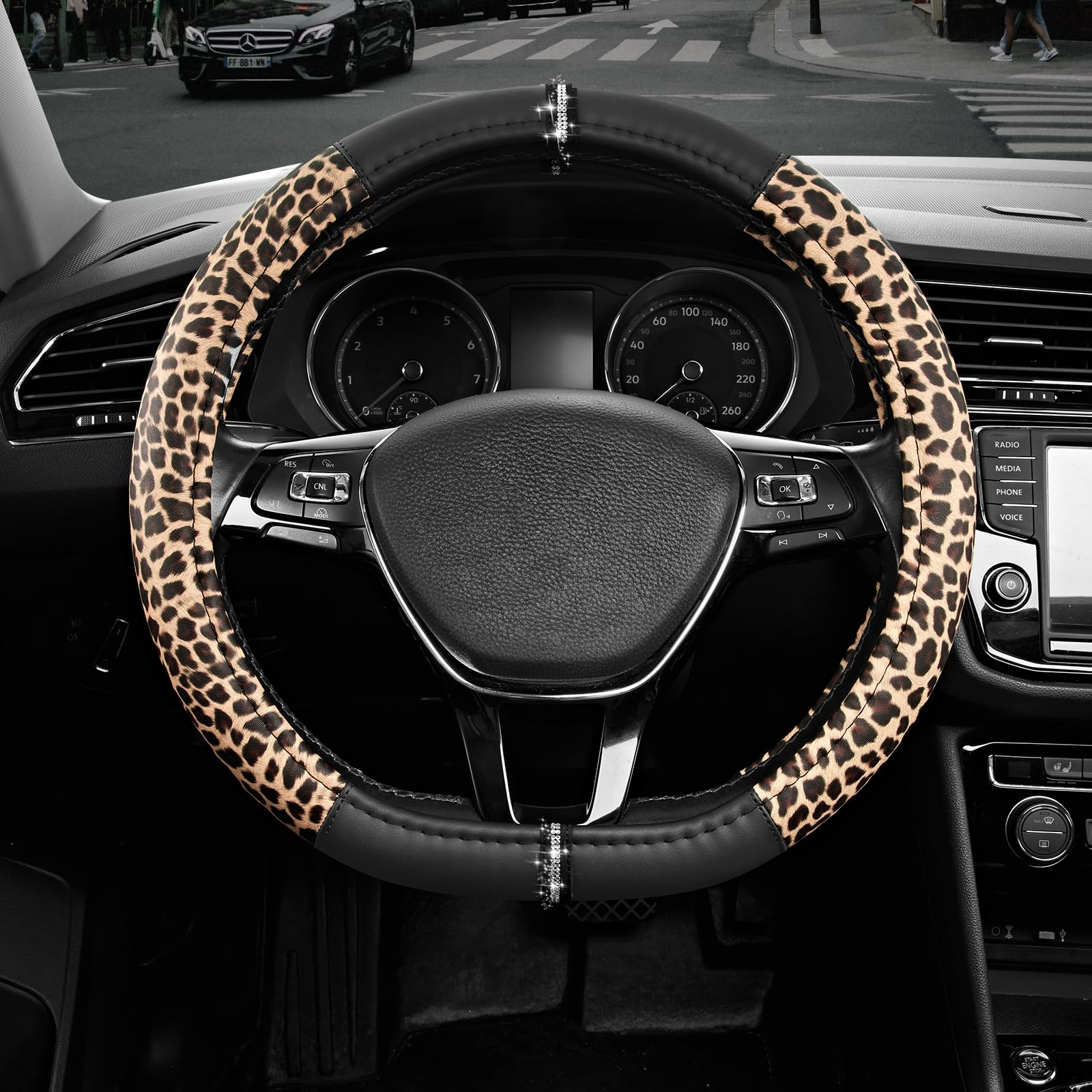 Road Comforts front view of leopard steering cover showing bold pattern and fit benefit