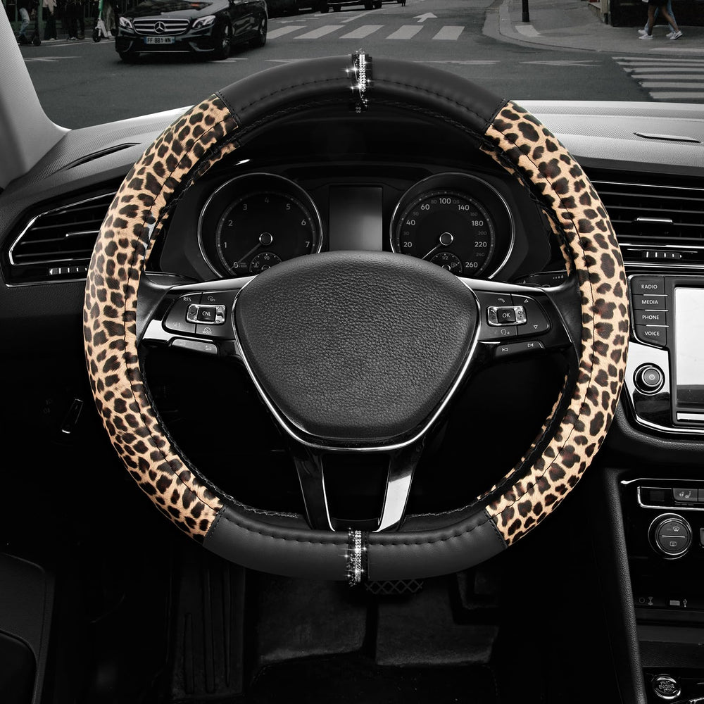 Road Comforts front view of leopard steering cover showing bold pattern and fit benefit