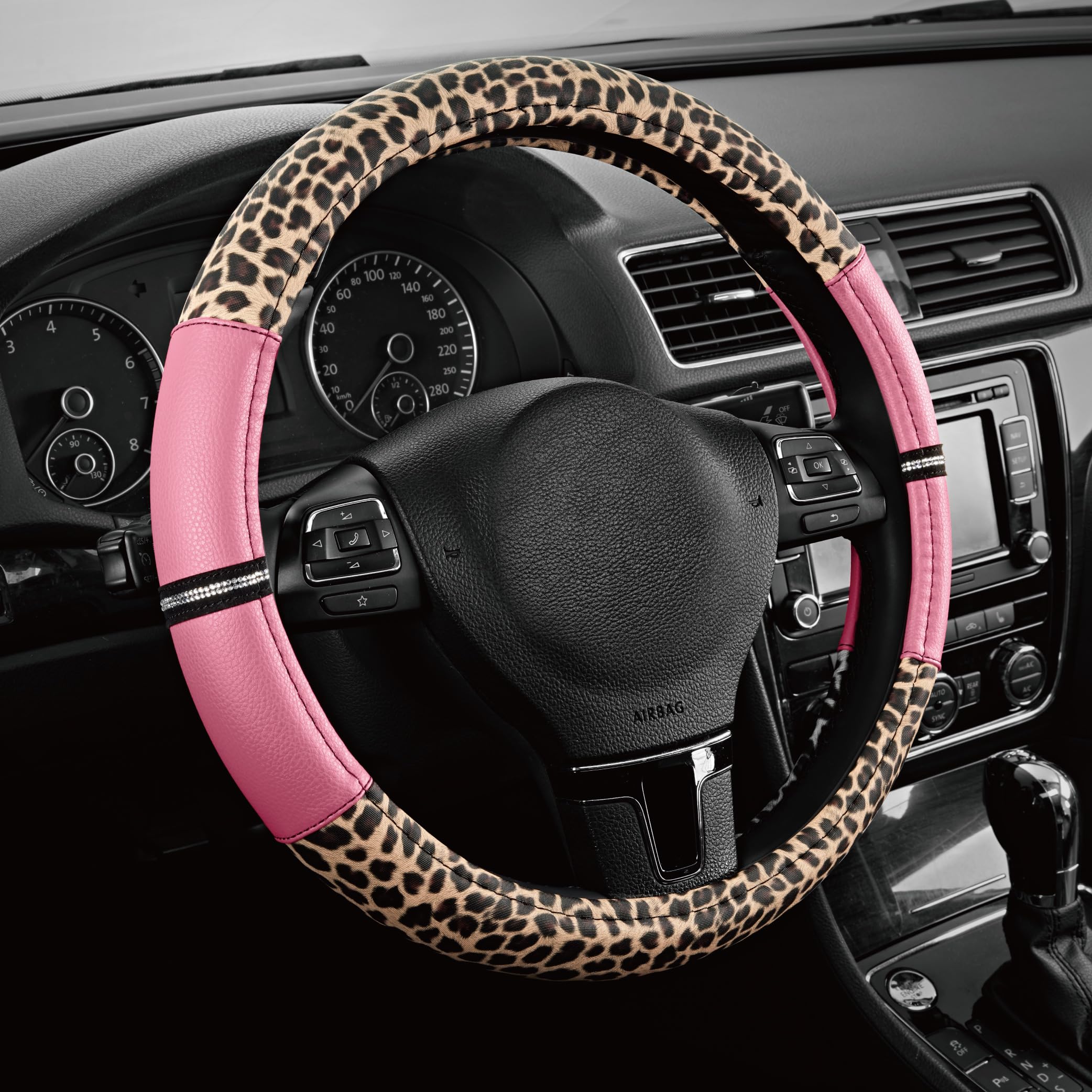 Road Comforts front view showing pink leopard pattern and full cover style for eye-catching look