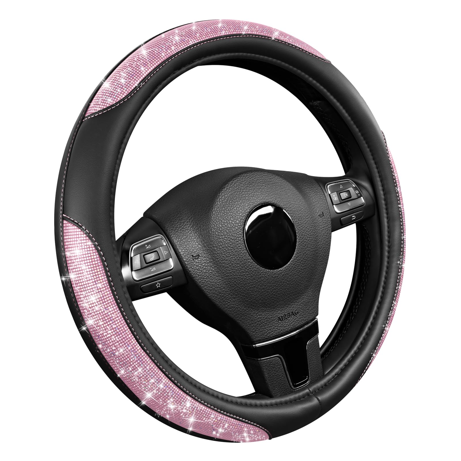 Road Comforts front view of light pink glitter steering wheel cover showing sparkle and shape benefit style
