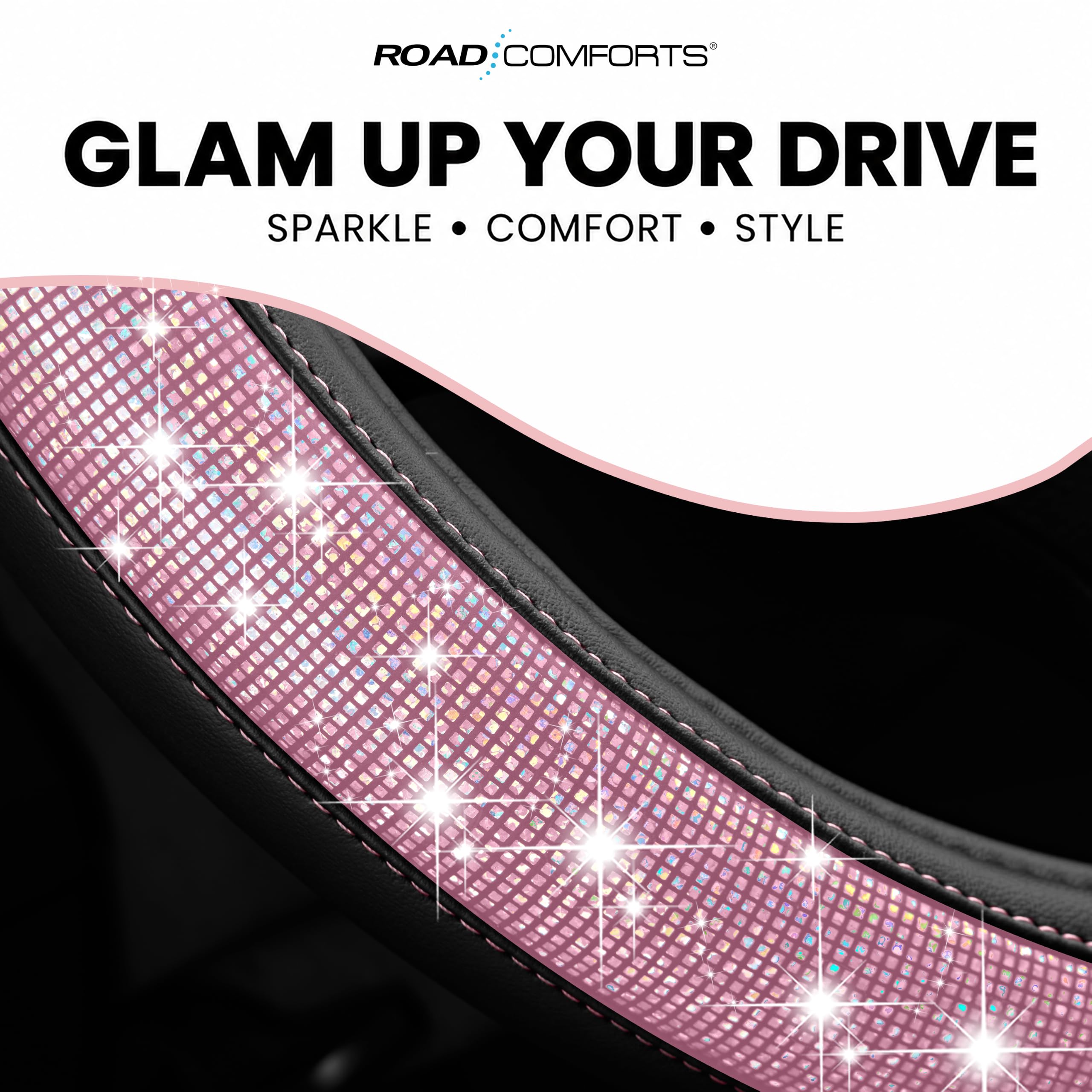 Road Comforts steering wheel cover installed in car demonstrating snug fit and improved control benefit