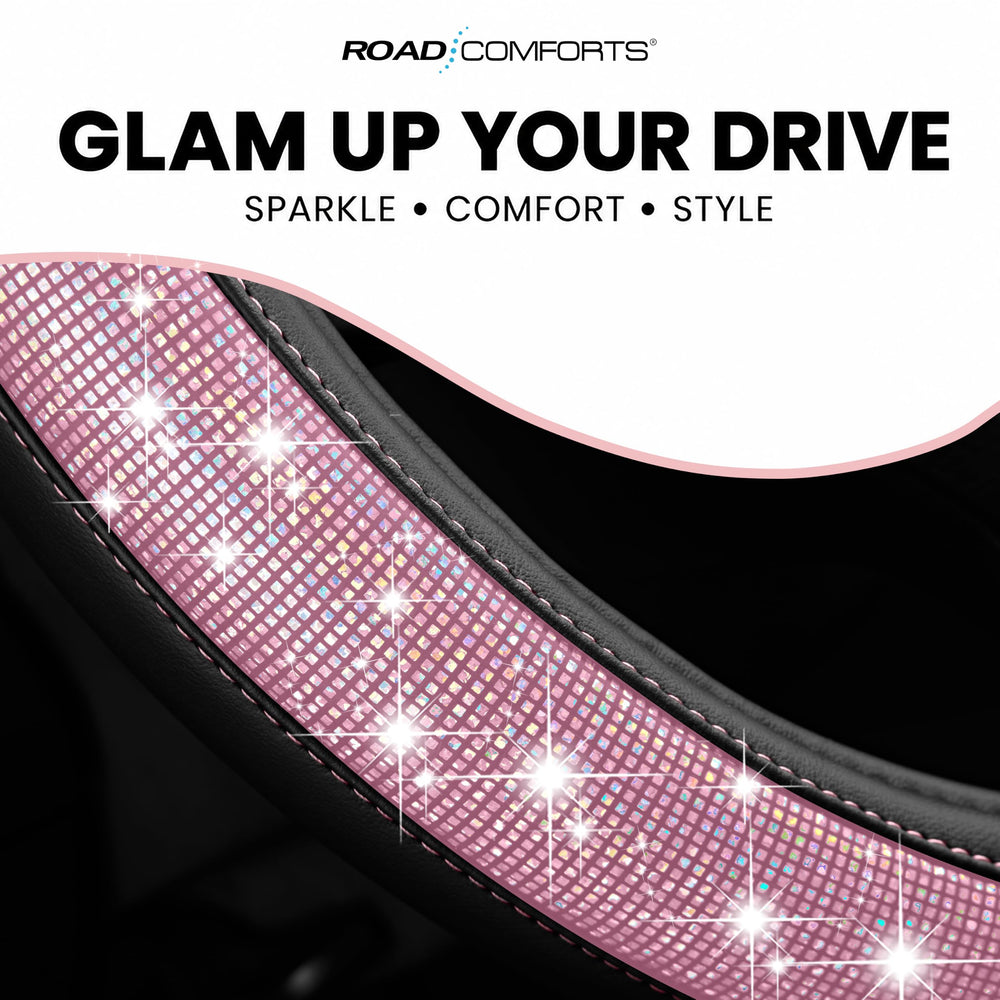 Road Comforts steering wheel cover installed in car demonstrating snug fit and improved control benefit