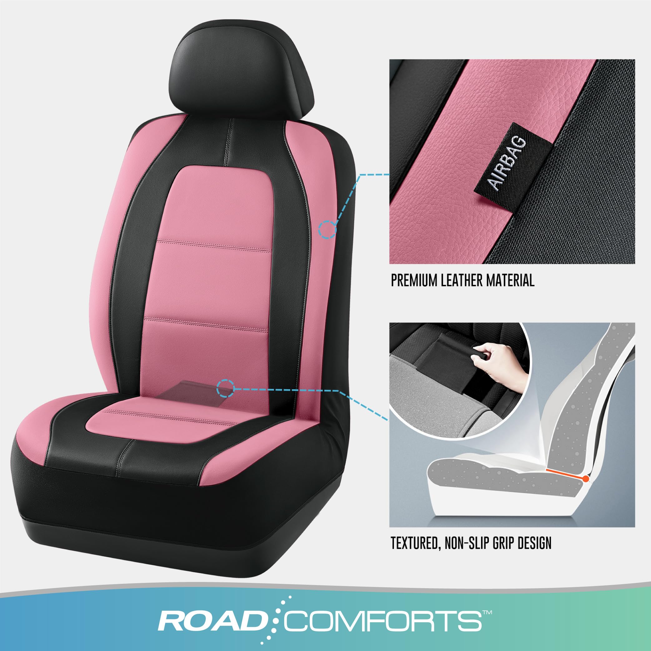 Road Comforts cover next to original seat for scale, universal fit clarity