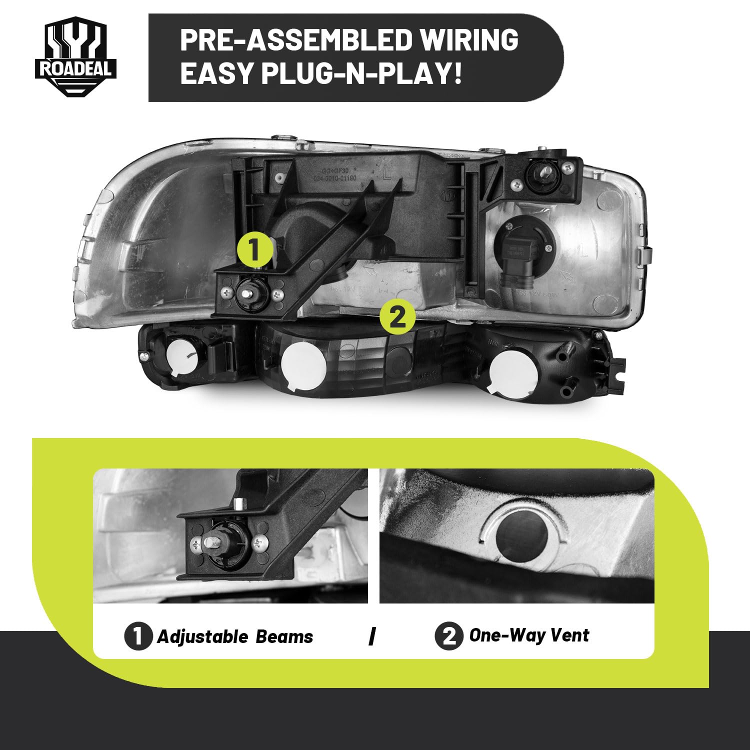 ROADEAL headlight installed on GMC Sierra illustrating direct-fit and restored front look