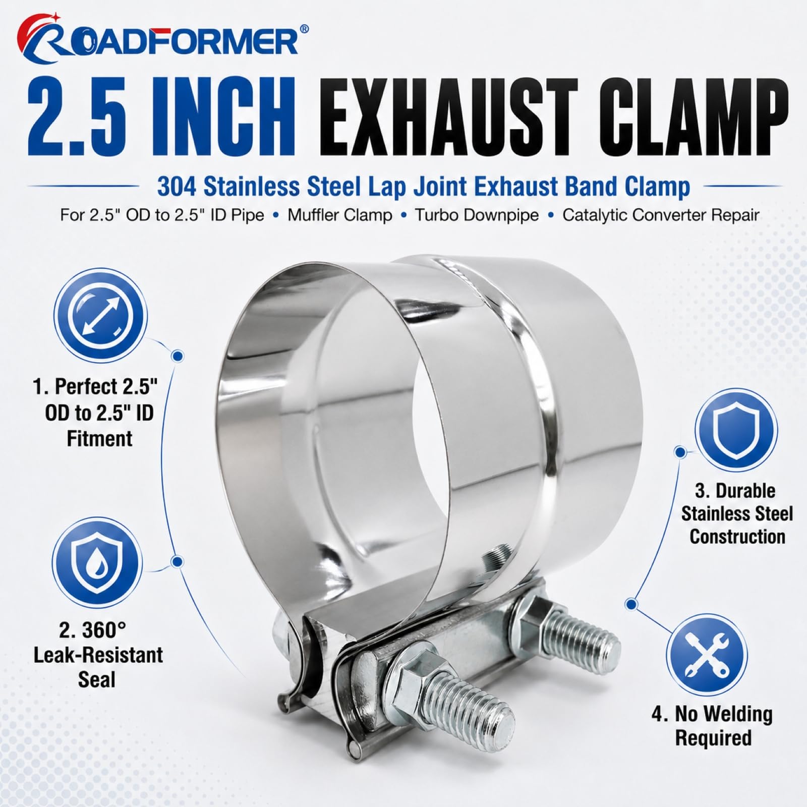 ROADFORMER clamp installed on exhaust pipe demonstrating leak reduction