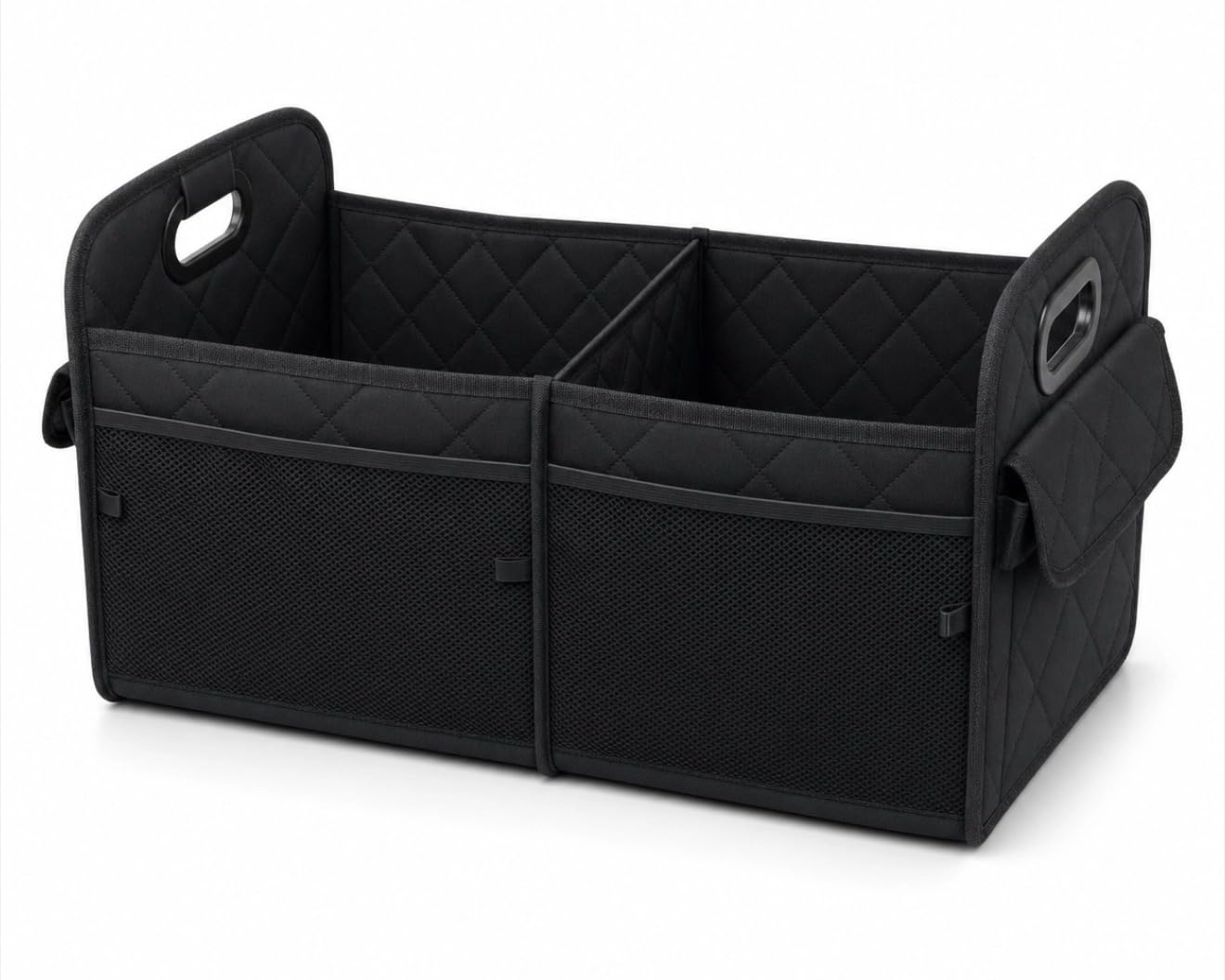 Roadkin front view of quilted organizer showing pockets and handles for easy transport