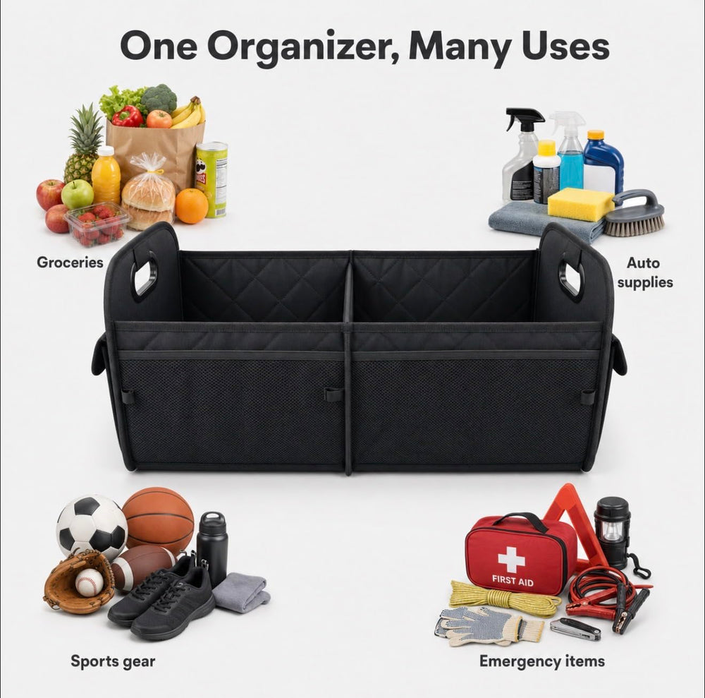 Roadkin in backseat with family items showing tidy, accessible travel storage