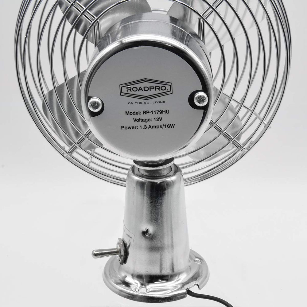 RoadPro RP-1179 mounted on truck dash illustrating targeted ventilation and long cord reach