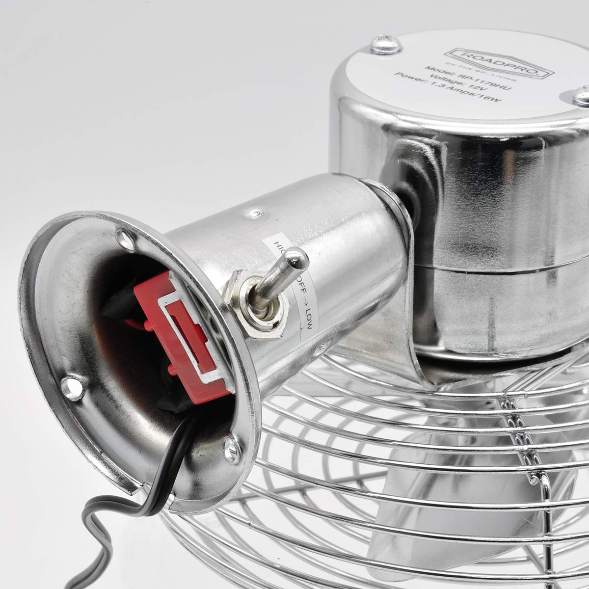 RoadPro RP-1179 swivel base detail showing mounting hardware and adjustable aim for comfort