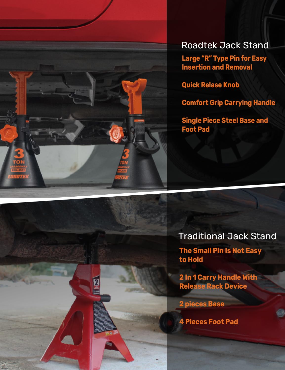ROADTEK base close-up showing wide steel base for increased stability