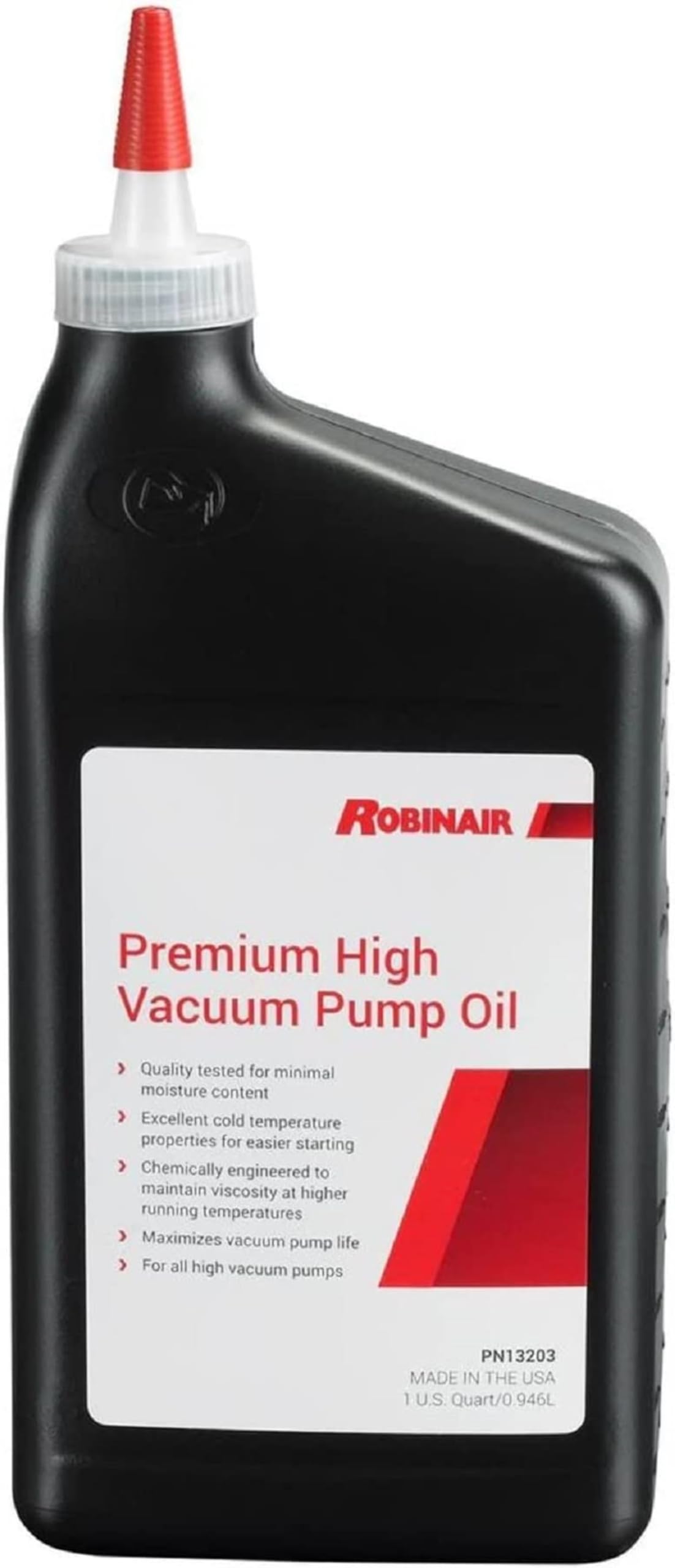 Robinair 13203 front bottle view showing label and capacity, supports reliable evacuations