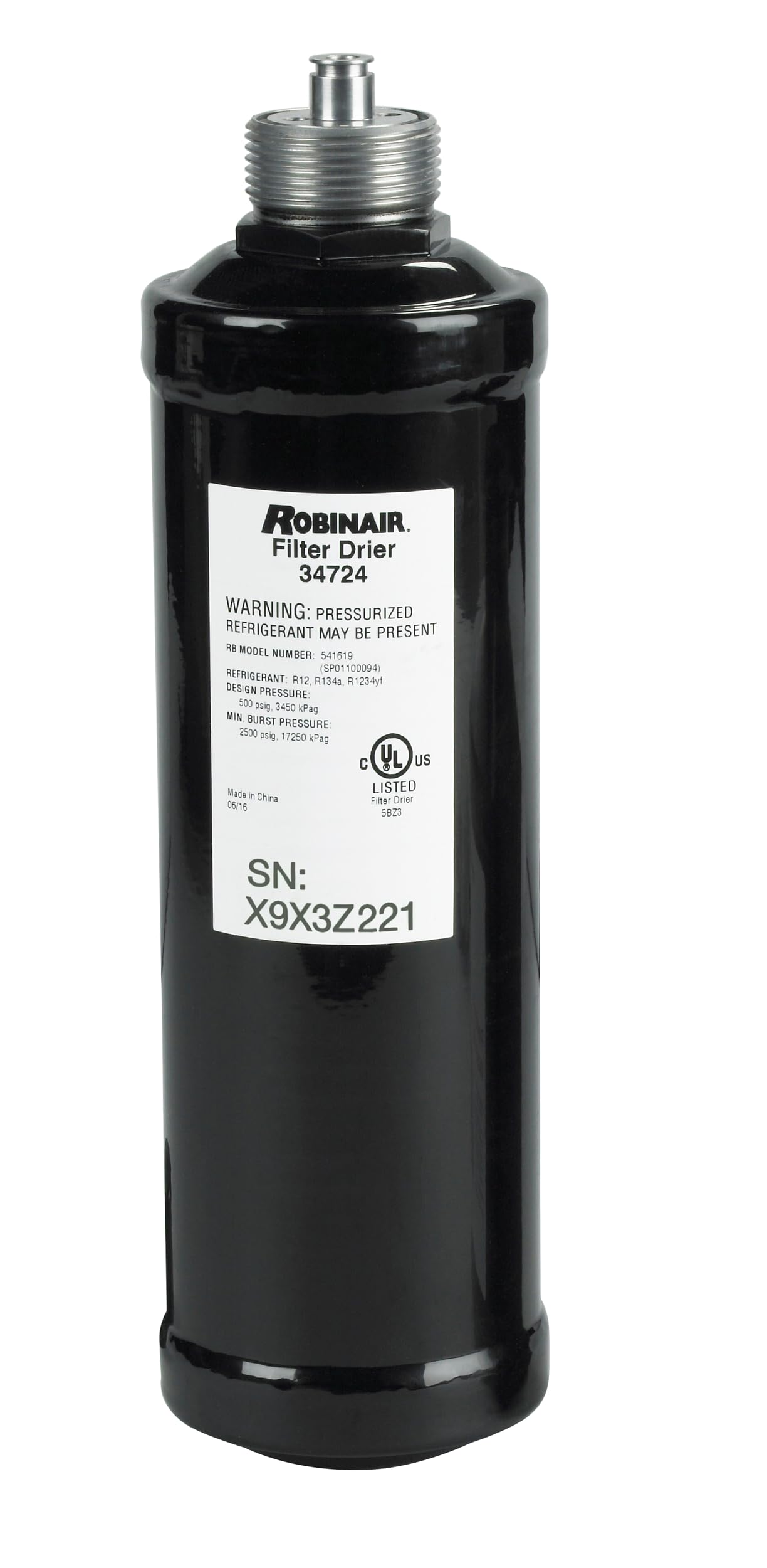 Robinair 34724 front view showing label and spin-on design for easy replacement
