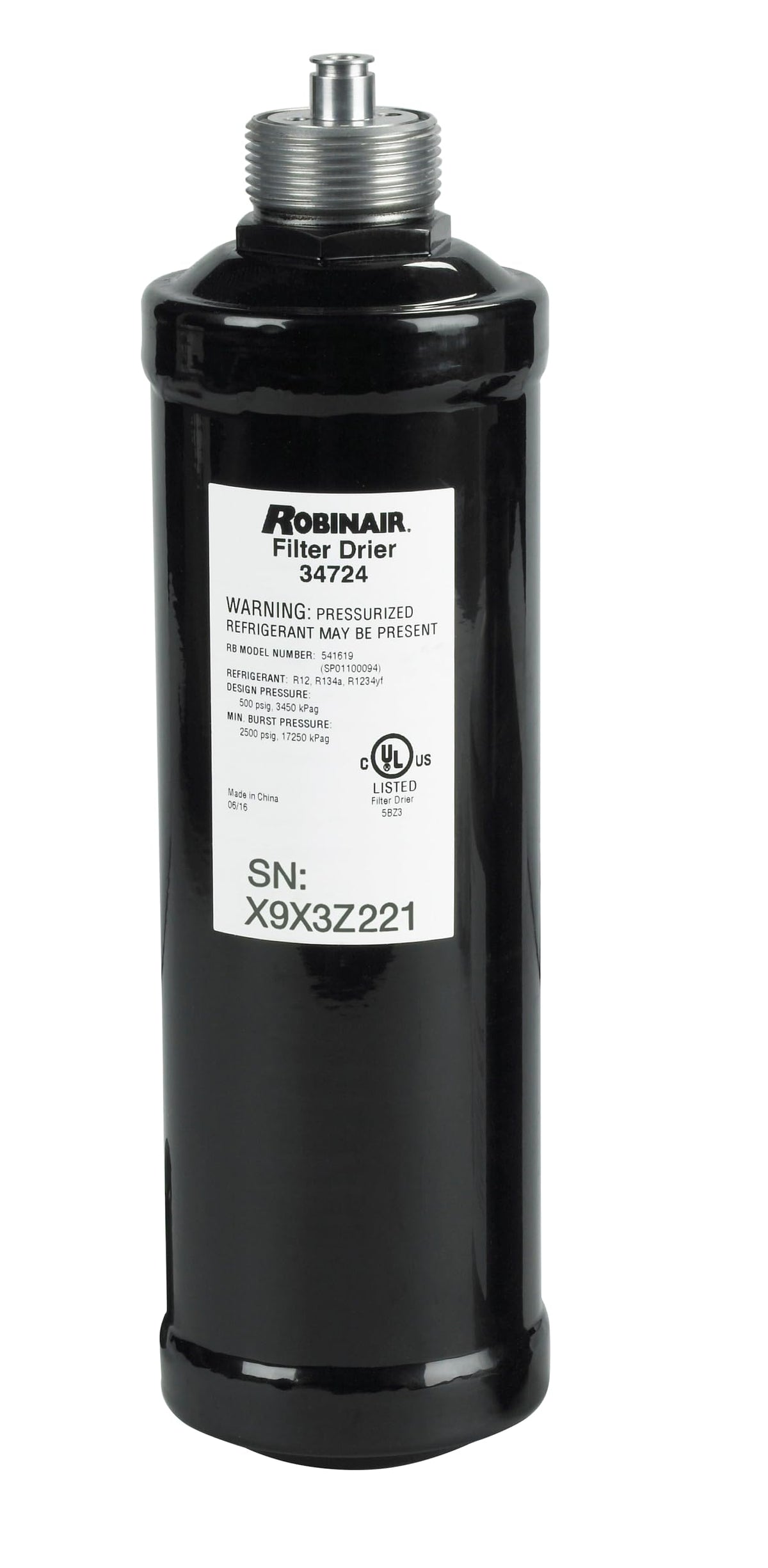 Robinair 34724 front view showing label and spin-on design for easy replacement