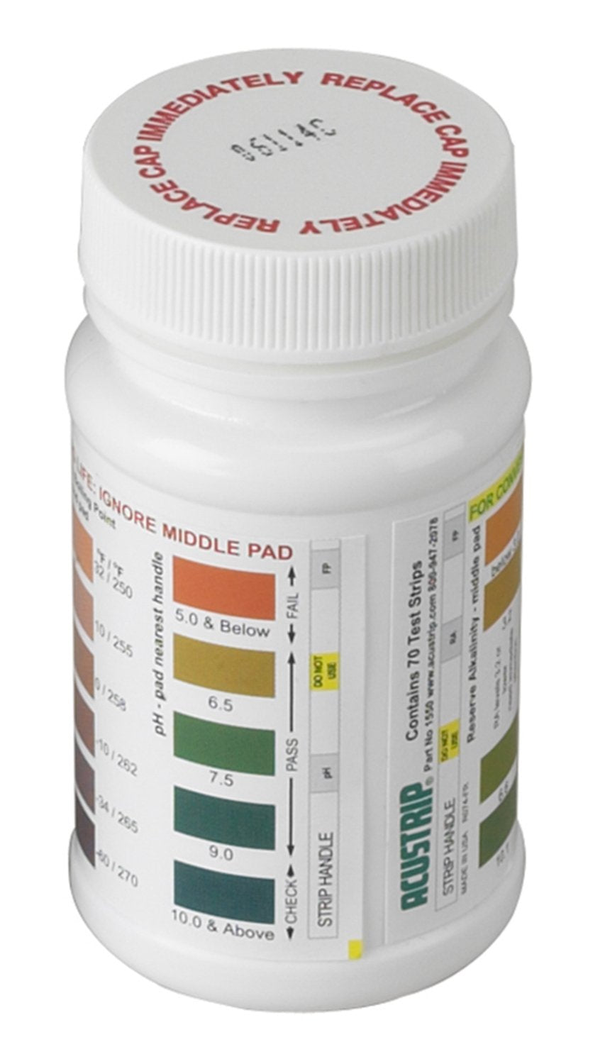 Robinair 75134 bottle front view showing 50 strips and color key for quick coolant checks