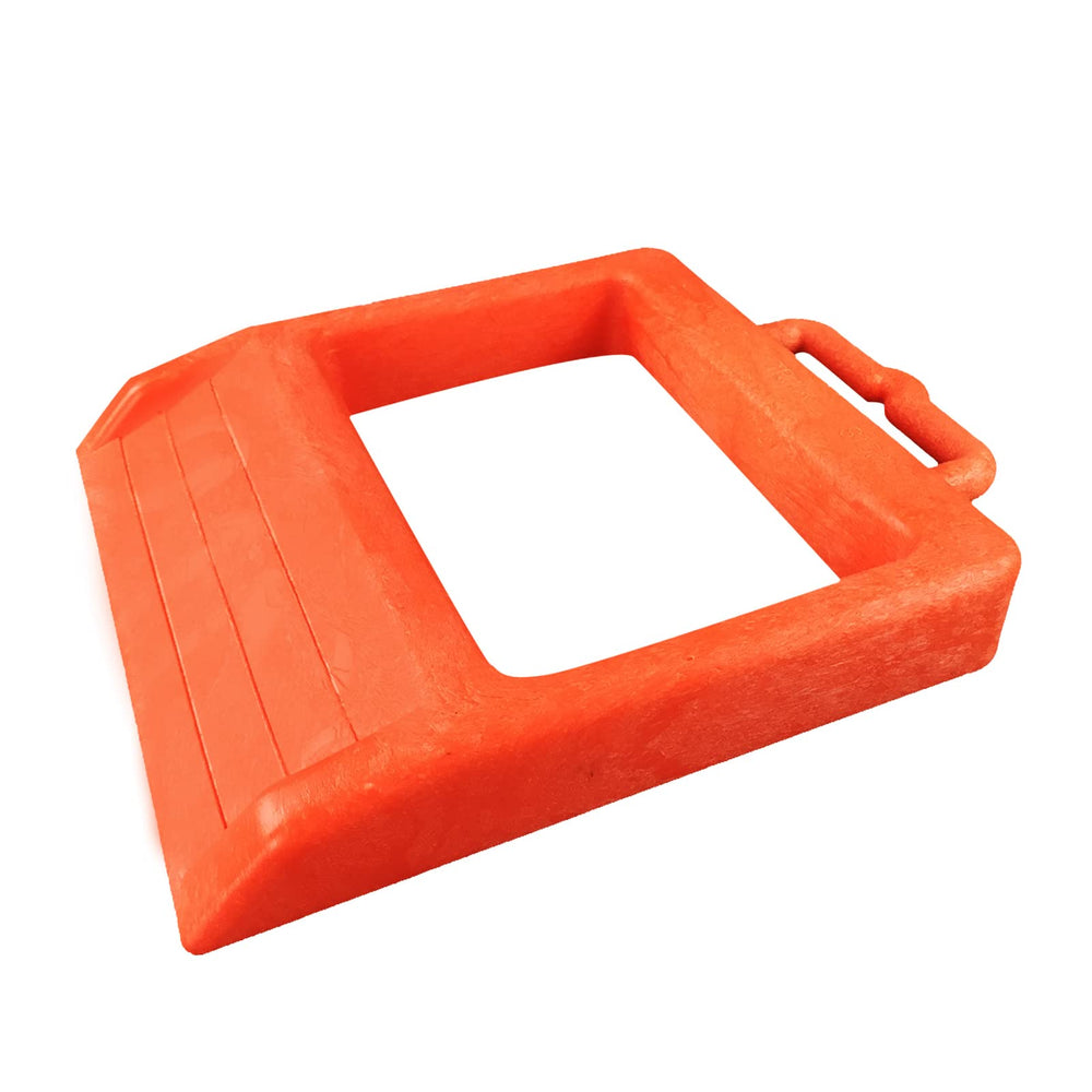ROBLOCK front view of chock showing shape and bright orange visibility for safety