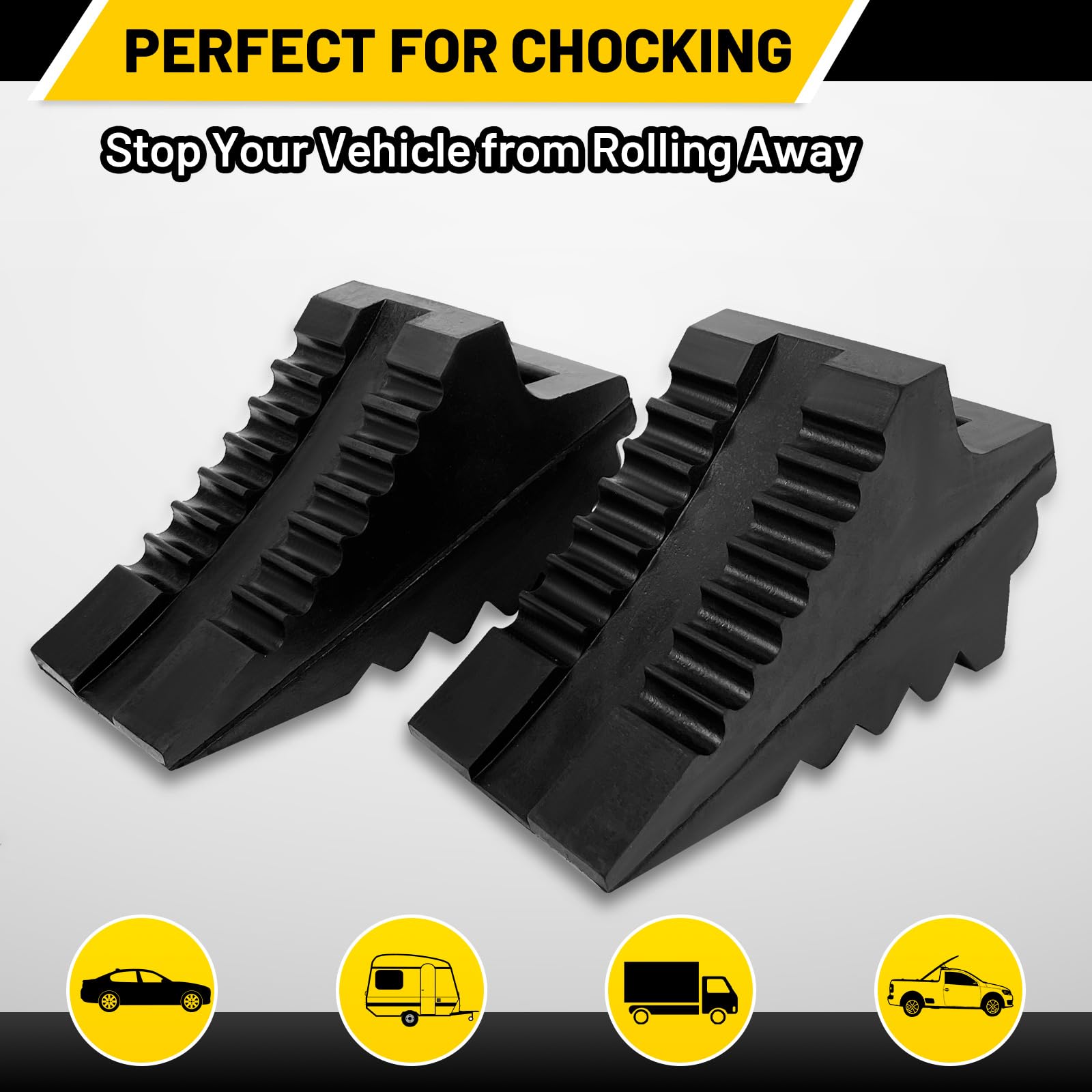 ROBLOck chock placed under RV tire demonstrating secure wheel stabilization while parked