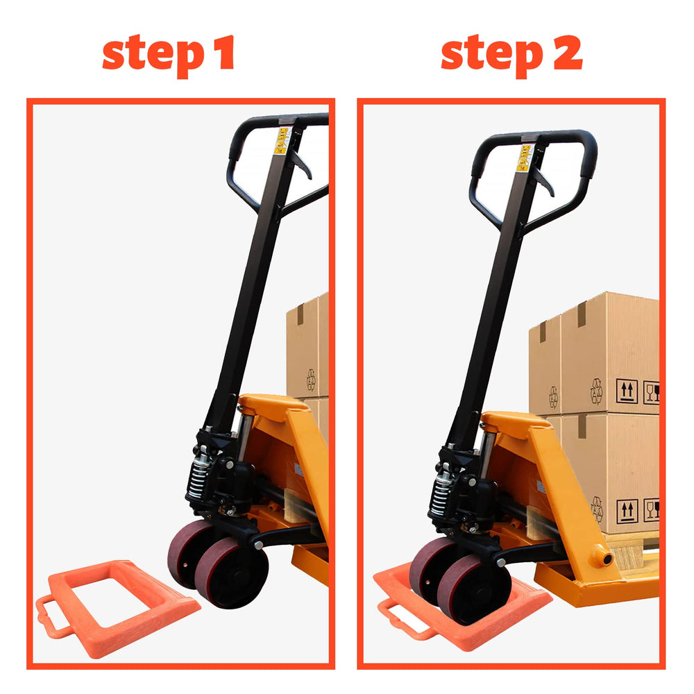 ROBLOCK chock in use under pallet jack wheel improving load handling safety
