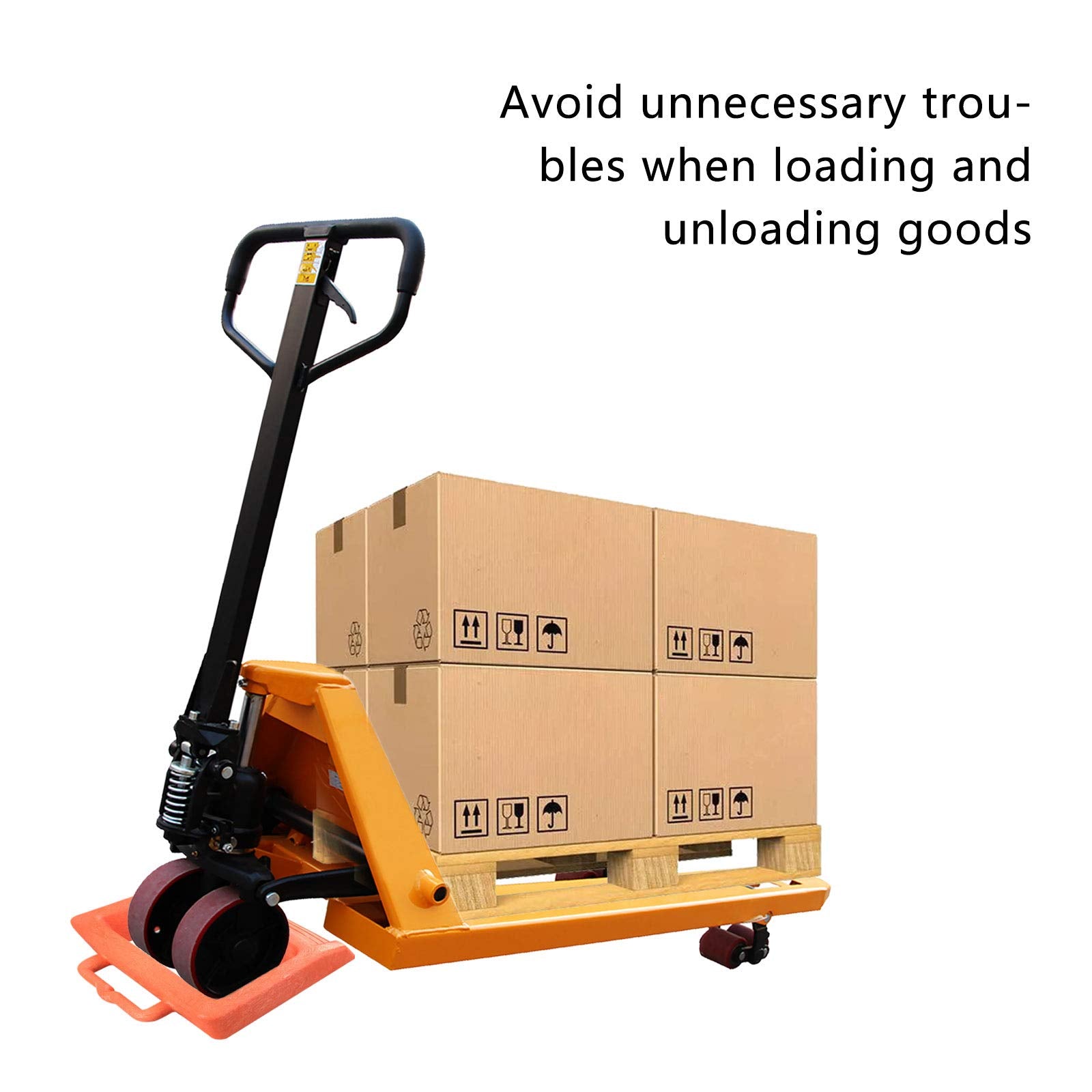 ROBLOCK size comparison next to pallet jack wheel illustrating proper fit