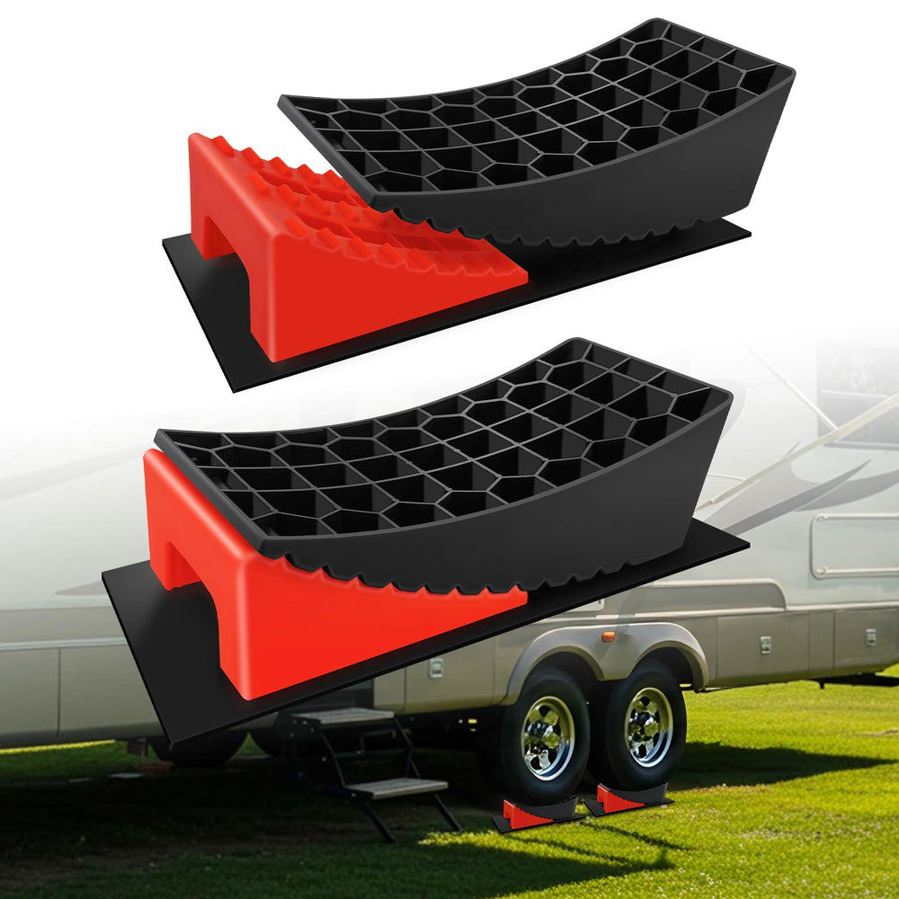 ROBLOCK front view of two red leveling blocks showing features and portability
