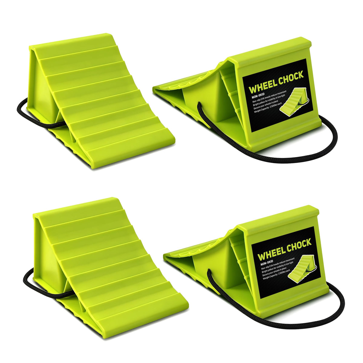 ROBLOck front view of four green wheel chocks showing compact pack and bright color for visibility