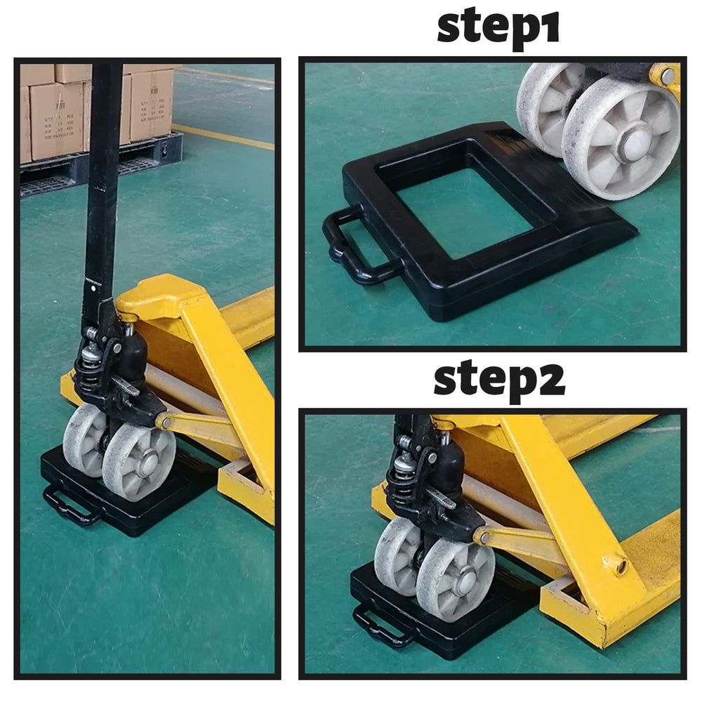ROBLOK chock in use on truck floor preventing pallet jack movement