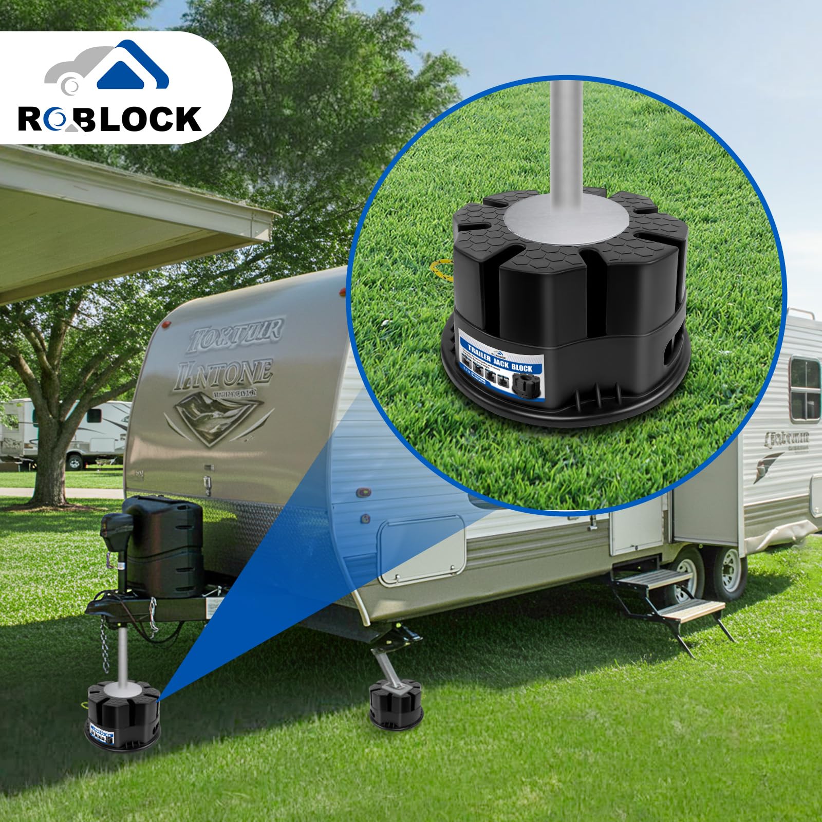 ROBLOCK at campsite under trailer showing improved steadiness and level