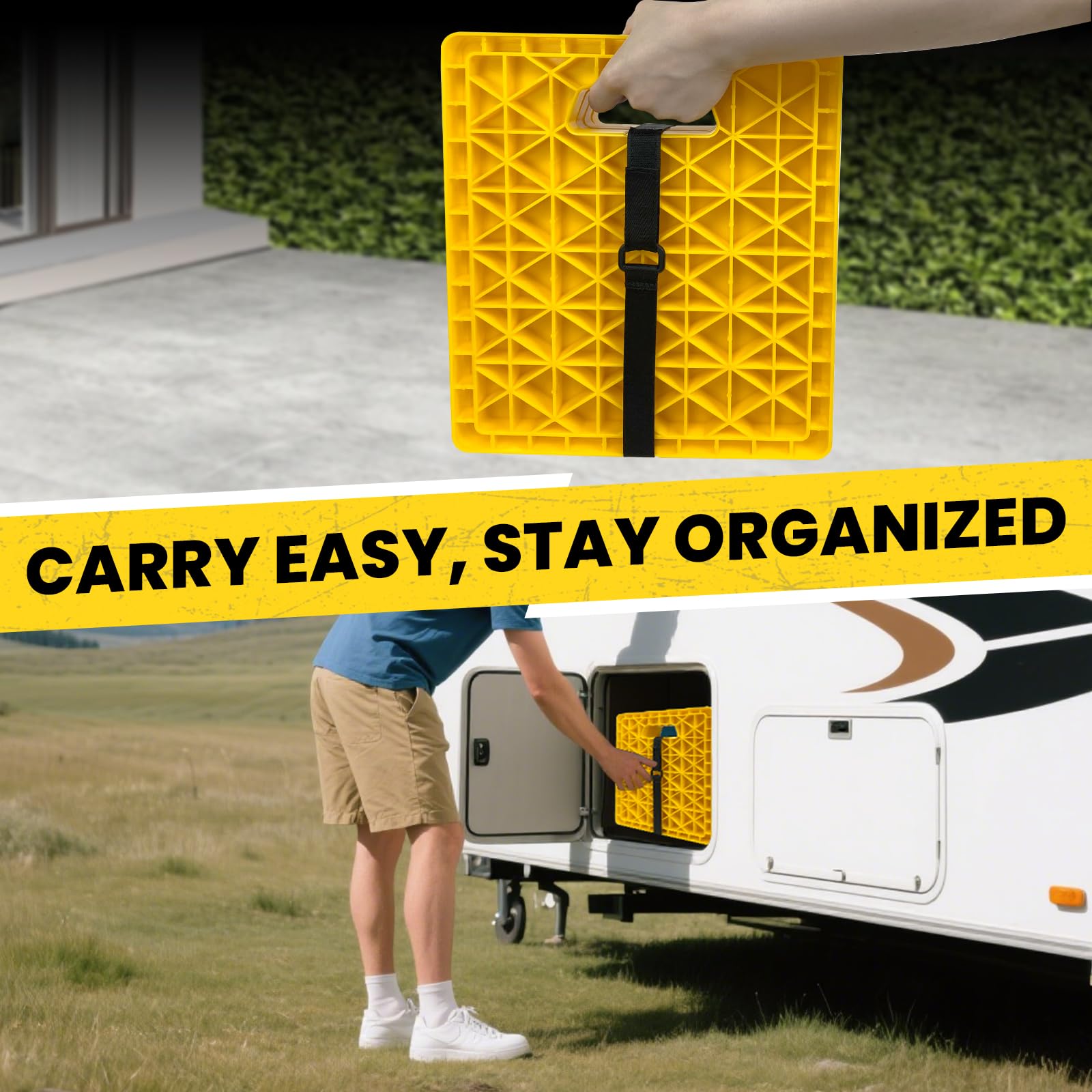 ROBLOCK pad positioned at campsite providing steady jack support