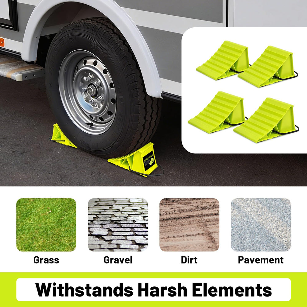 ROBLOck chock beside ruler for scale showing fit for common tire sizes and convenience