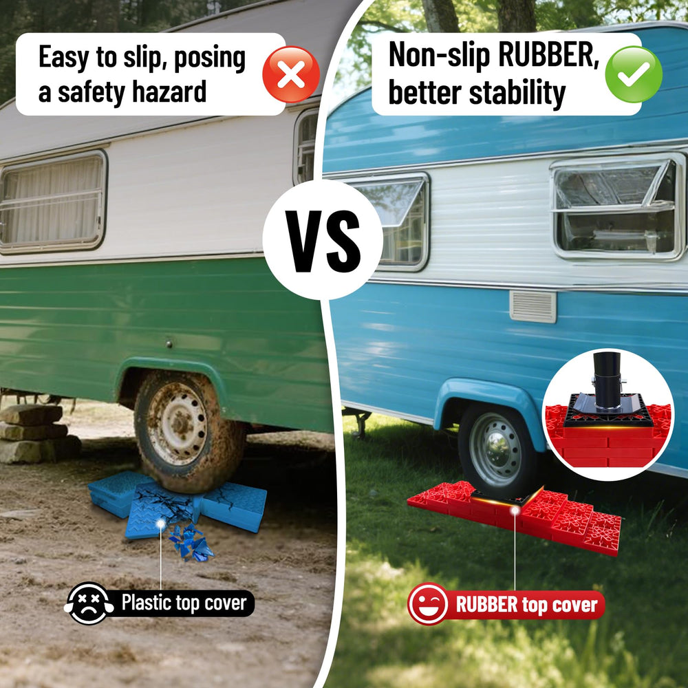 ROBLOCK stacked pyramid in use leveling a camper for comfort