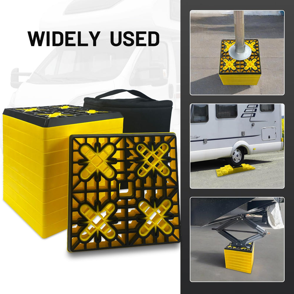 ROBLOCK block positioned under RV front wheel for stability