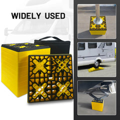 ROBLOCK block positioned under RV front wheel for stability