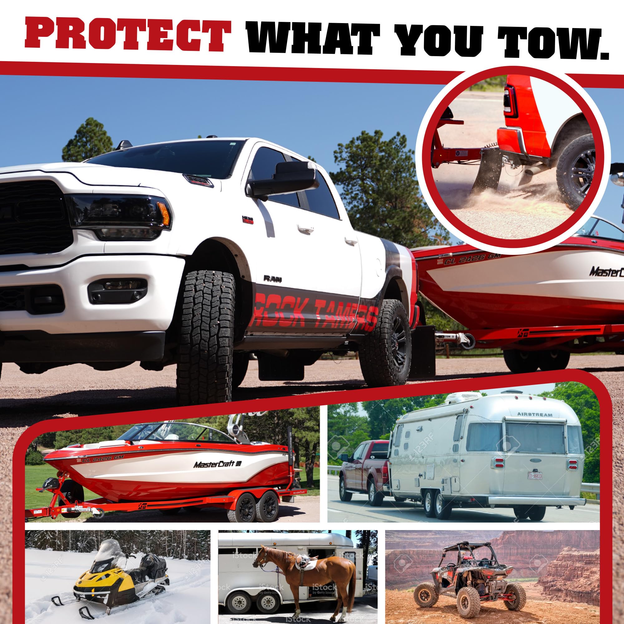 Rock Tamers installed on truck showing splash protection while towing