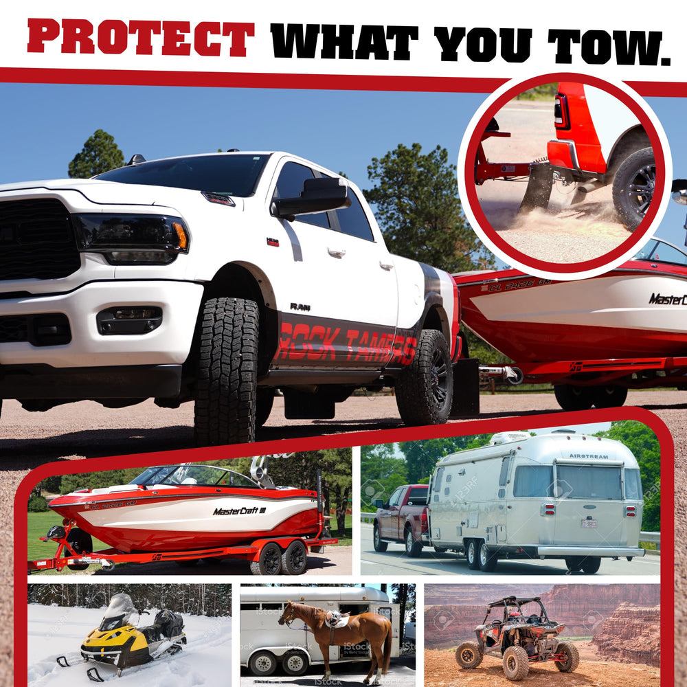 Rock Tamers installed on truck showing splash protection while towing
