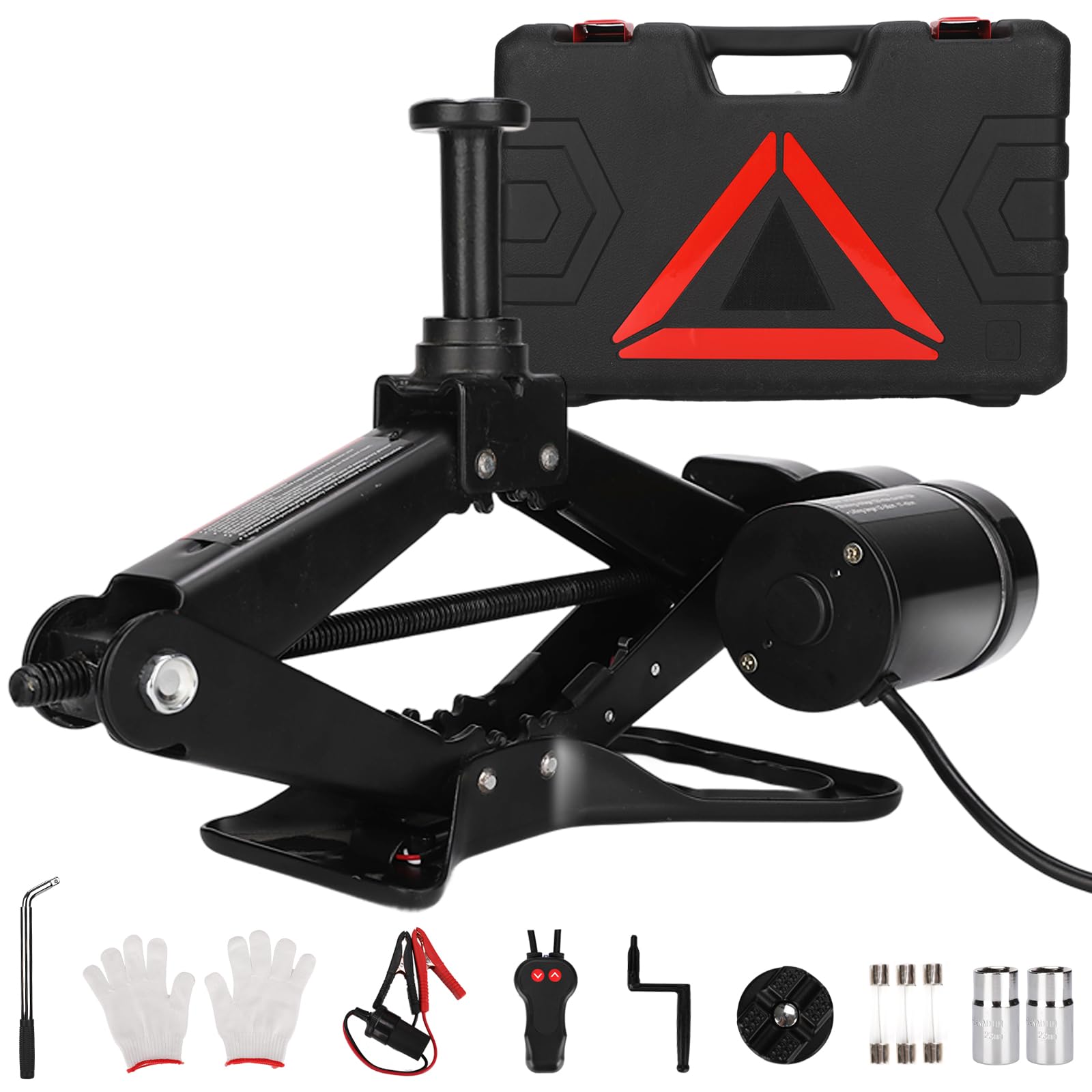 ROGTZ electric scissor jack front view showing compact case and ready-to-use benefit