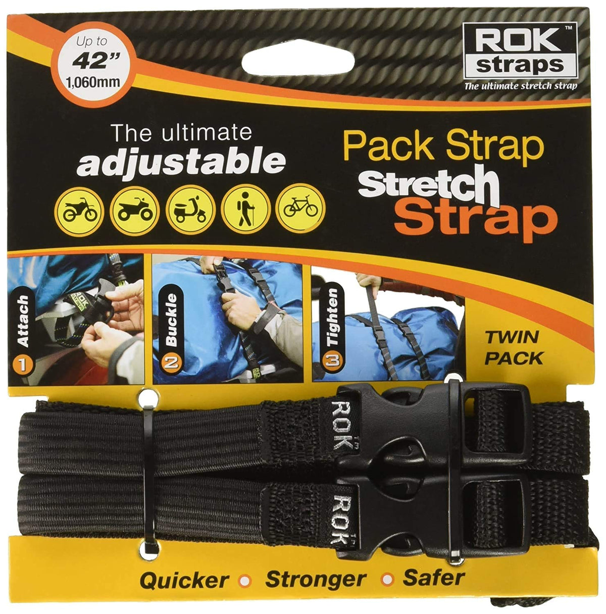 ROK Straps 10314 front packaging showing two black adjustable pack straps, durable and compact