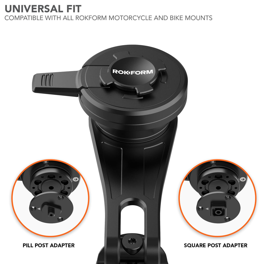 Rokform dampener attached to motorcycle mount demonstrating reduced road vibration impact